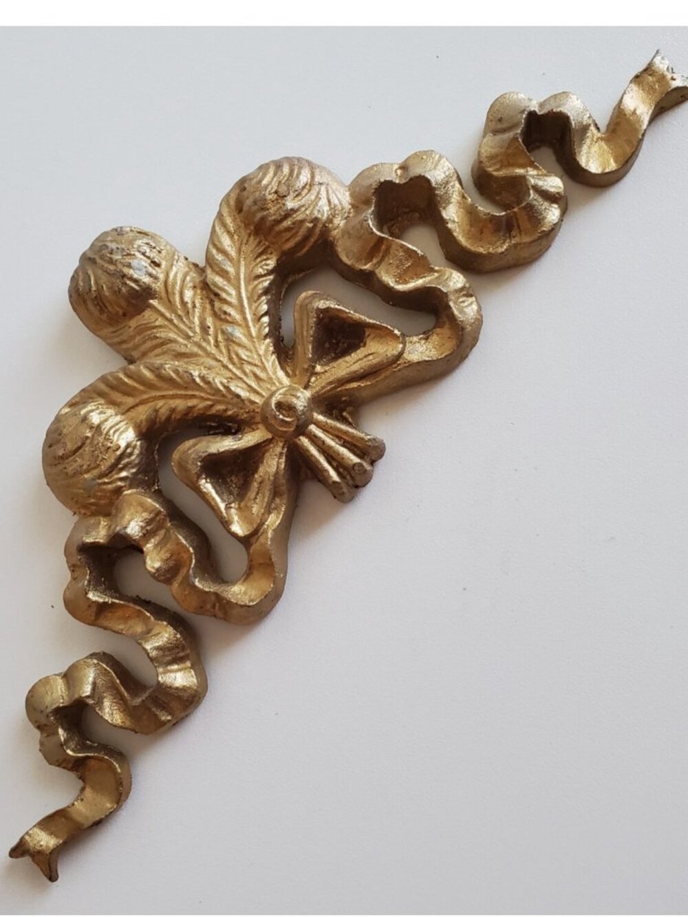 Carved Wood Wall Pediment Bow Ribbon Floral Gold Gilt Architectural Decor 7.5"